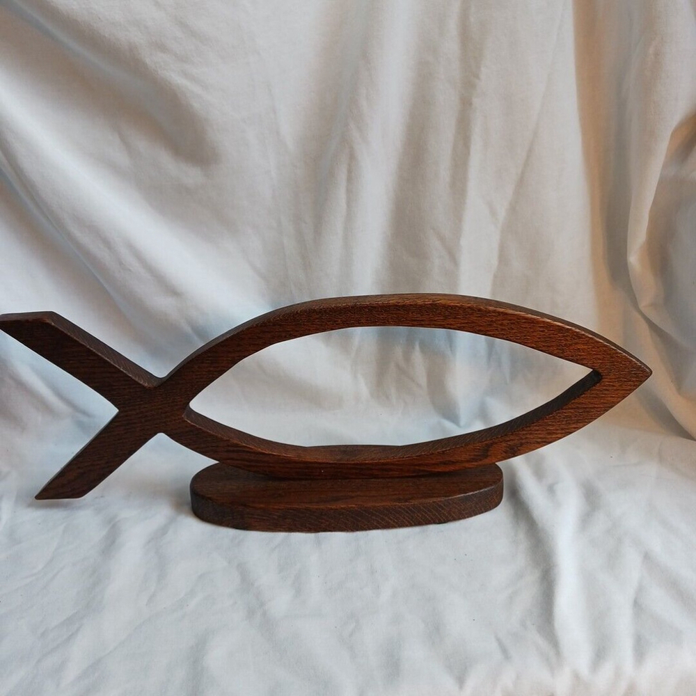 Vintage Handmade Oak ICHTHYS Jesus Fish Sculpture